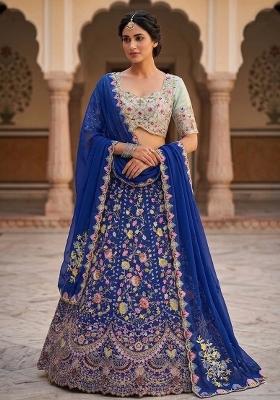 Blue Embroidered Silk Lehenga Set