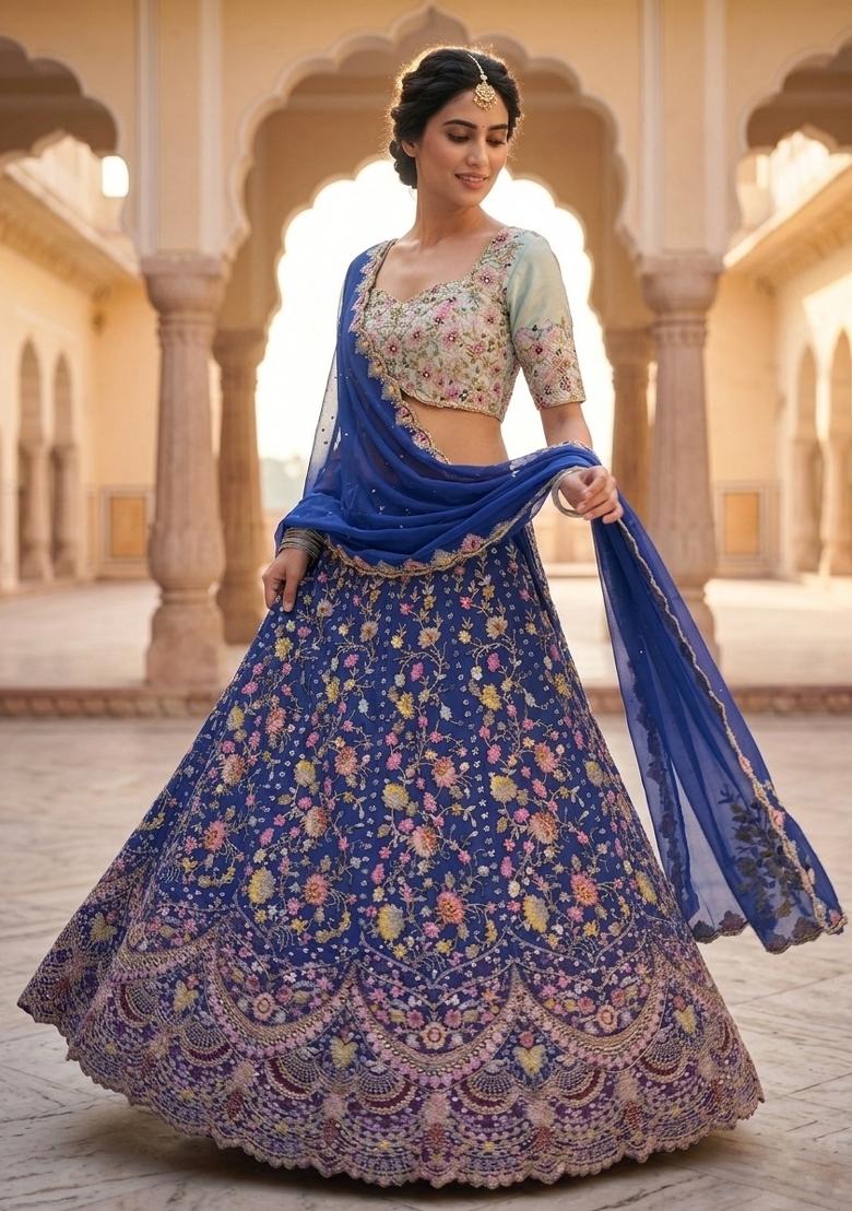 Blue Embroidered Silk Lehenga Set - Indya
