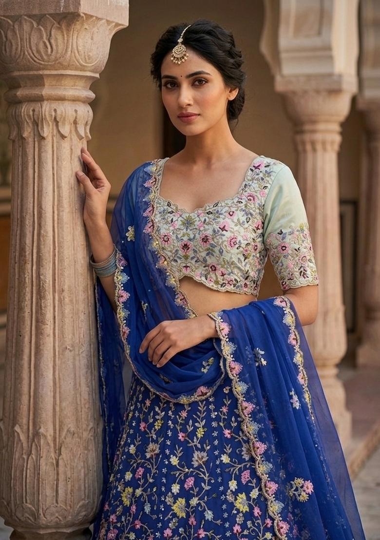 Blue Embroidered Silk Lehenga Set - Indya