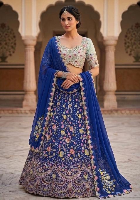 Blue Embroidered Silk Lehenga Set