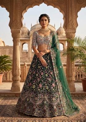 Green Embroidered Silk Lehenga Set