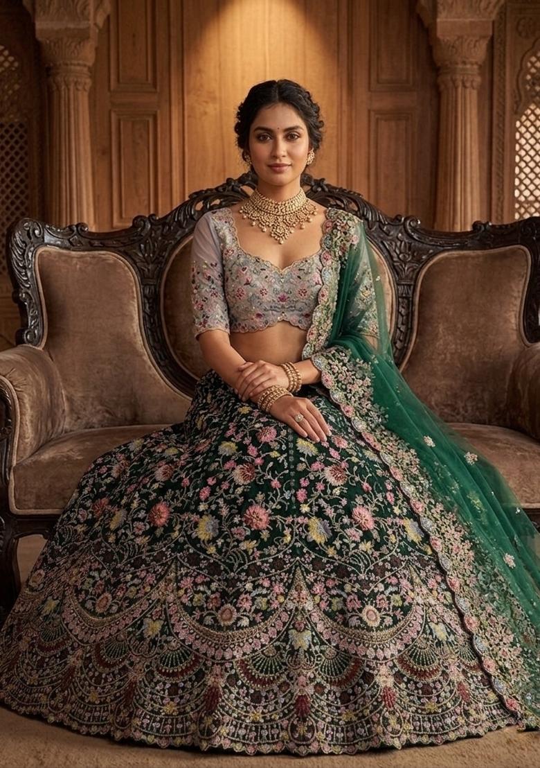 Green Embroidered Silk Lehenga Set - Indya