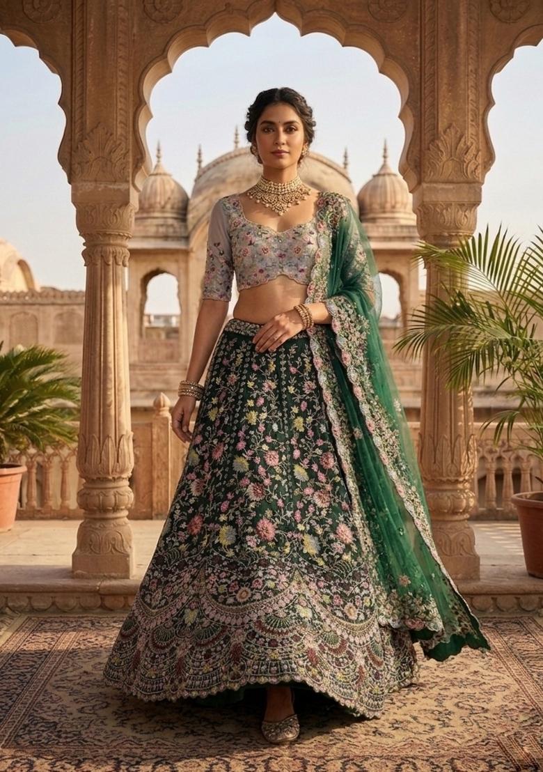 Green Embroidered Silk Lehenga Set - Indya