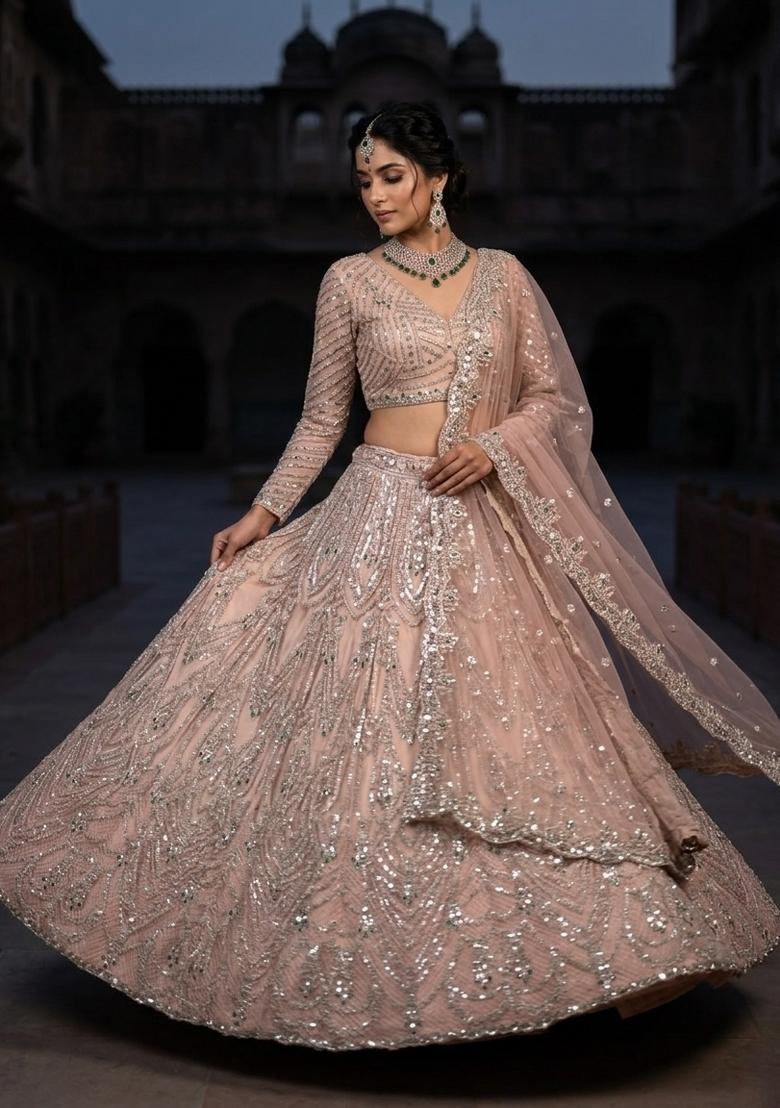 Peach Sequin Work Net Lehenga Set - Indya