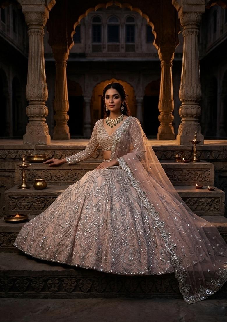 Peach Sequin Work Net Lehenga Set - Indya