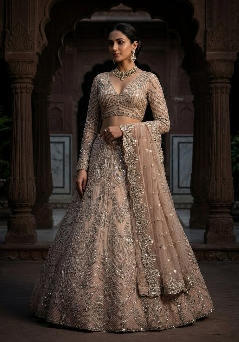 Peach Sequin Work Net Lehenga Set