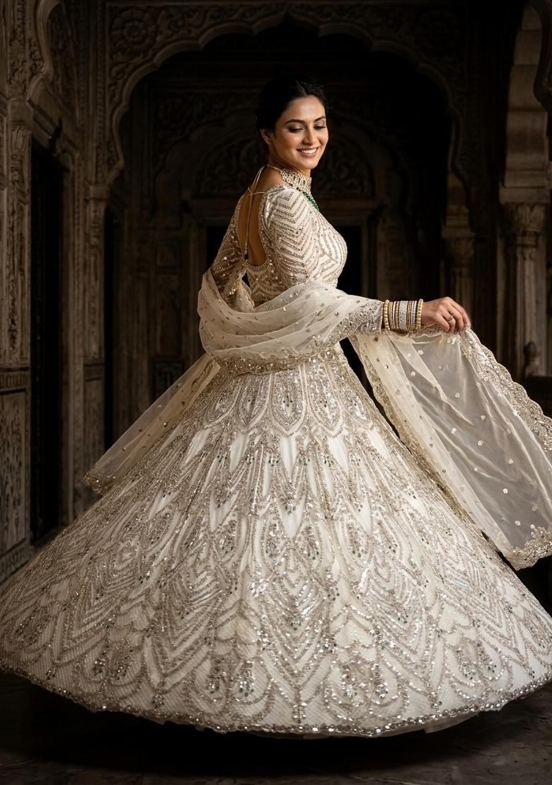 Off White Sequin Work Net Lehenga Set - Indya
