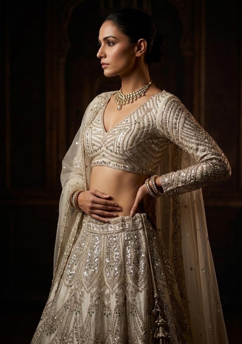 Off White Sequin Work Net Lehenga Set - Indya