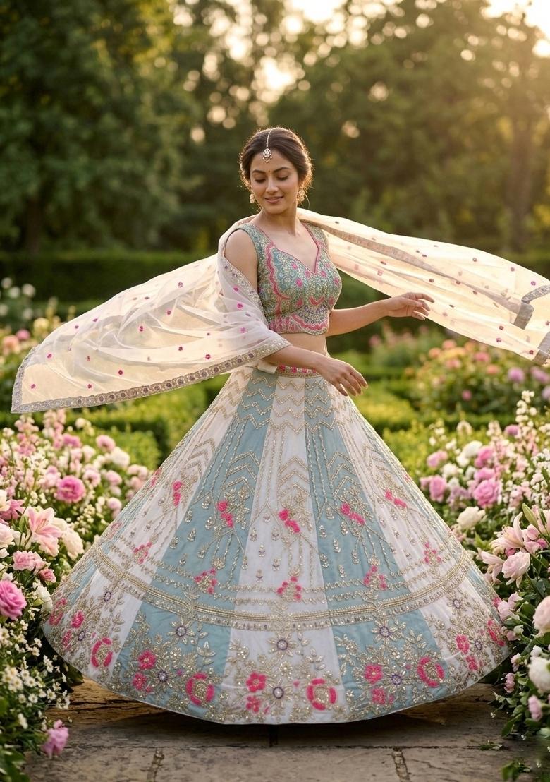 Grey Sequin Work Silk Lehenga Set - Indya