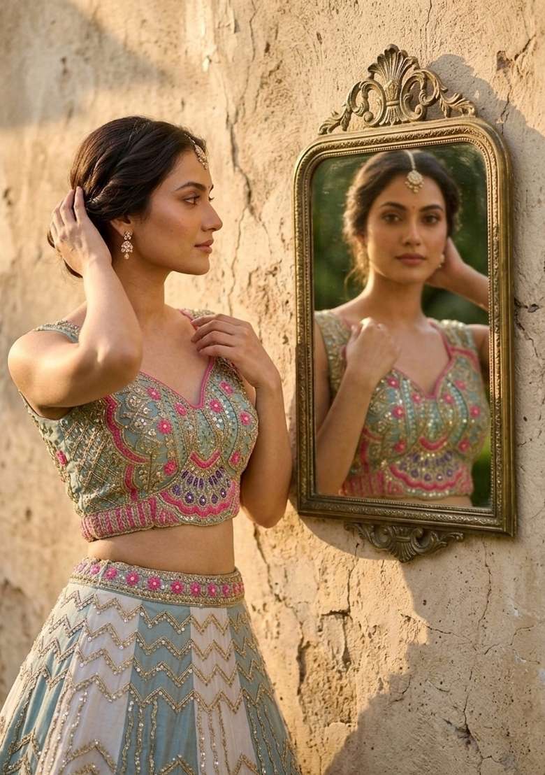 Grey Sequin Work Silk Lehenga Set for Diwali and Festive Wear - Indya