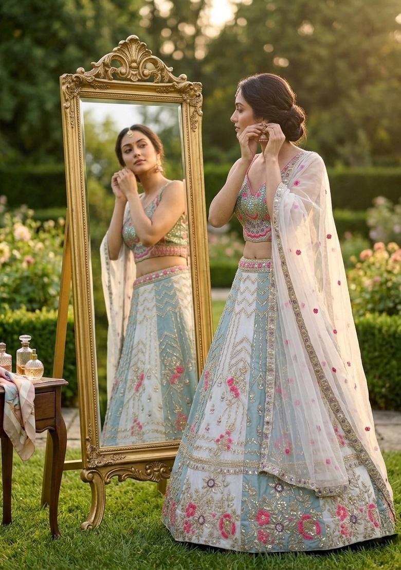 Grey Sequin Work Silk Lehenga Set - Indya
