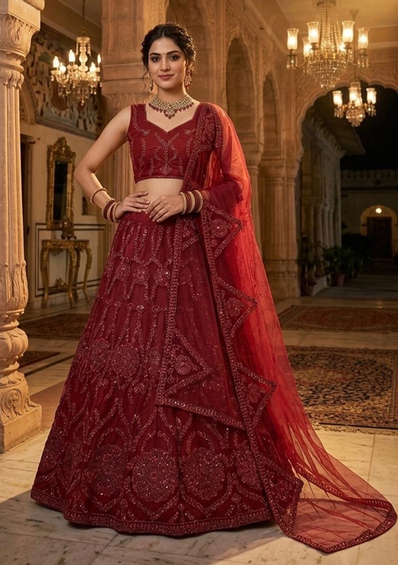 Red Sequin Work Net Lehenga Set - Indya