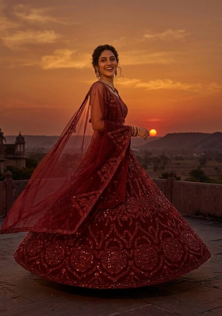 Red Sequin Work Net Lehenga Set - Indya