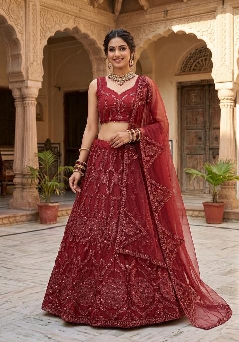 Red Sequin Work Net Lehenga Set
