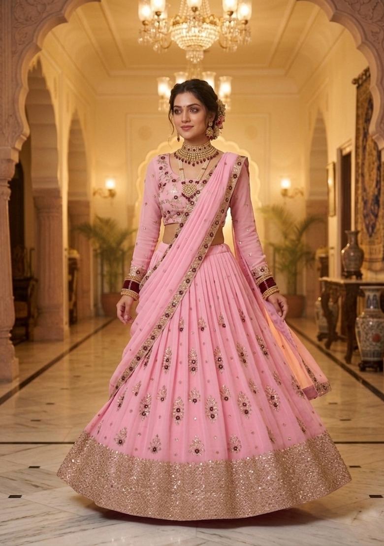 Pink Embroidered Georgette Lehenga Set - Indya
