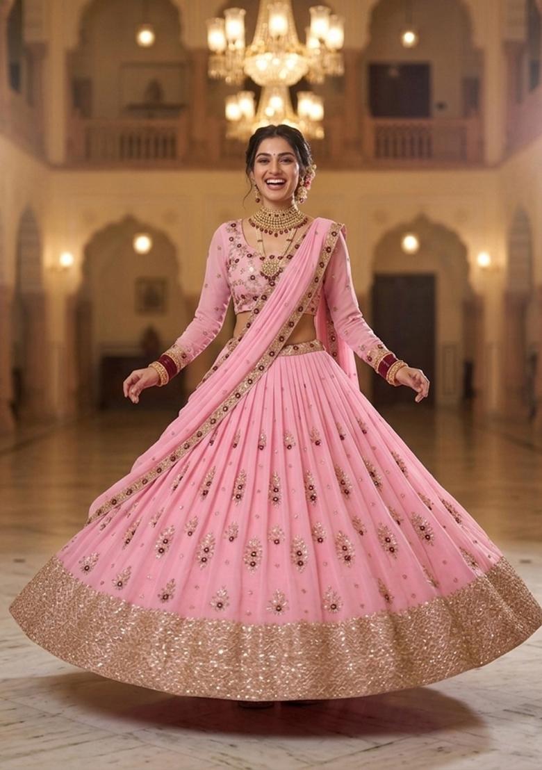 Pink Embroidered Georgette Lehenga Set - Indya