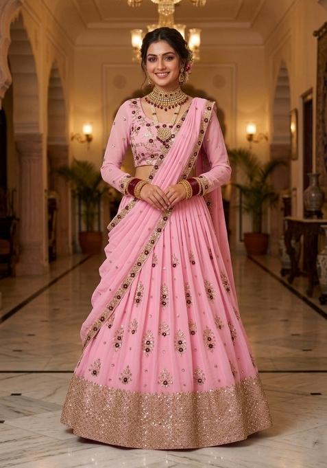 Pink Embroidered Georgette Lehenga Set