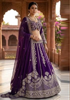 Purple Embroidered Georgette Lehenga Set