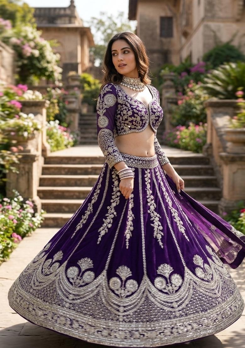 Purple Embroidered Georgette Lehenga Set - Indya