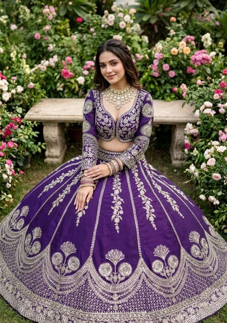 Purple Georgette Lehenga Set with Embroidered for Diwali | Wedding & Festive Wear - Indya