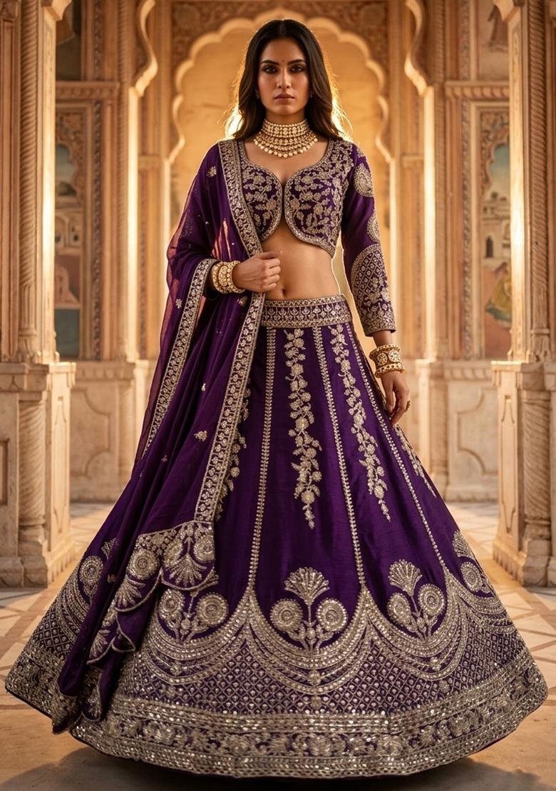 Purple Embroidered Georgette Lehenga Set - Indya