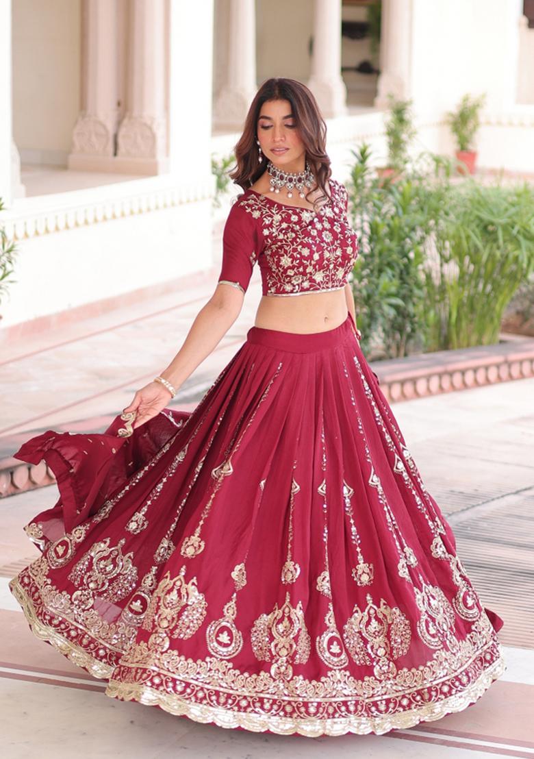 Magenta Embroidered Silk Lehenga Set - Indya