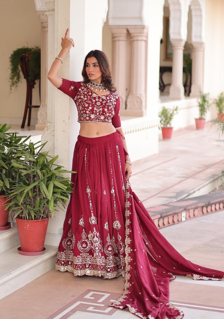 Magenta Embroidered Silk Lehenga Set - Indya