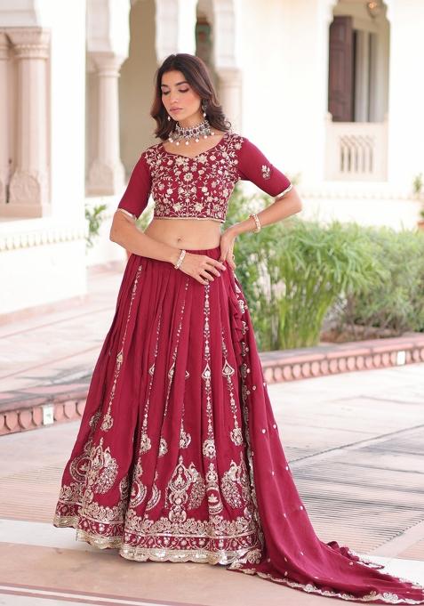Magenta Embroidered Silk Lehenga Set