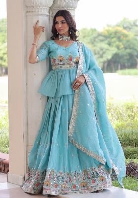 Sky Blue Embroidered Gold Crush Lehenga Set