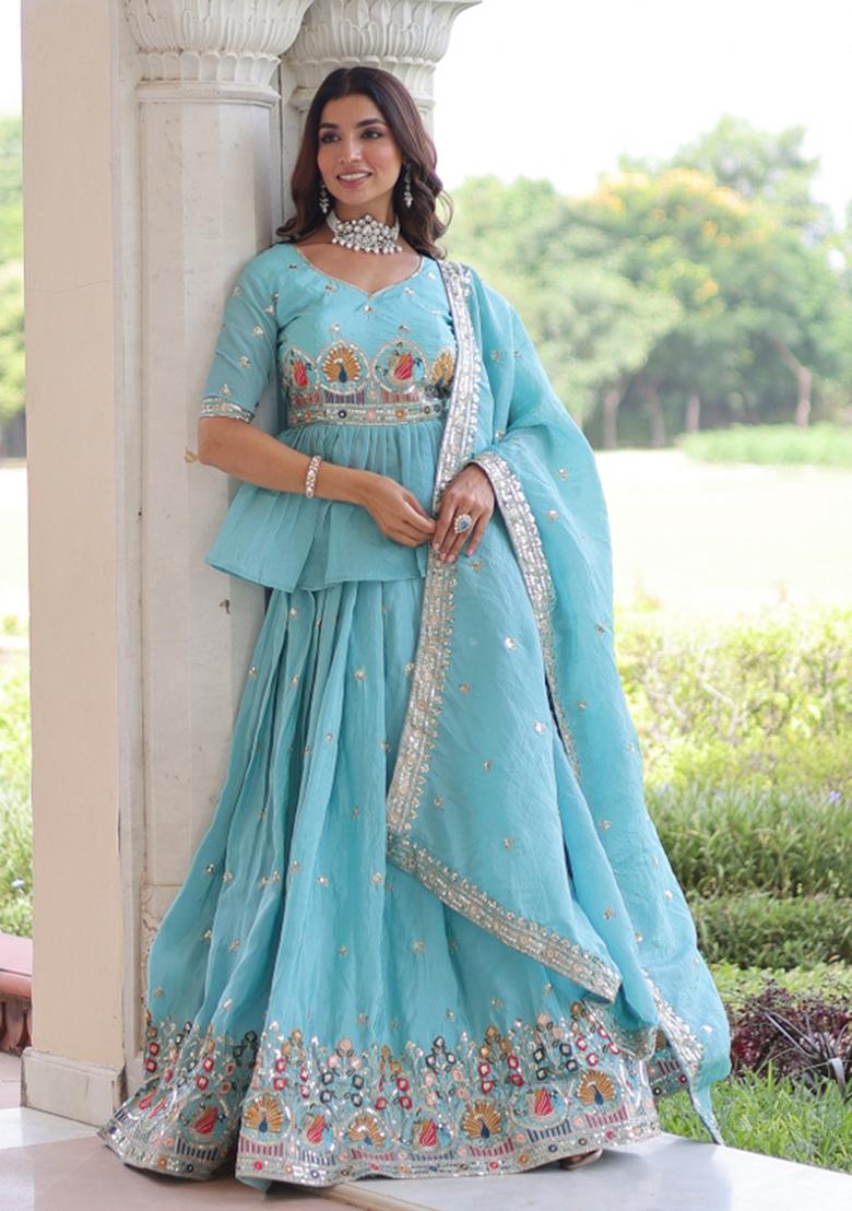 Sky Blue Embroidered Gold Crush Lehenga Set - Indya