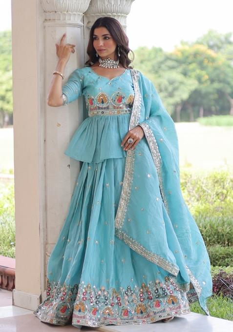 Sky Blue Embroidered Gold Crush Lehenga Set