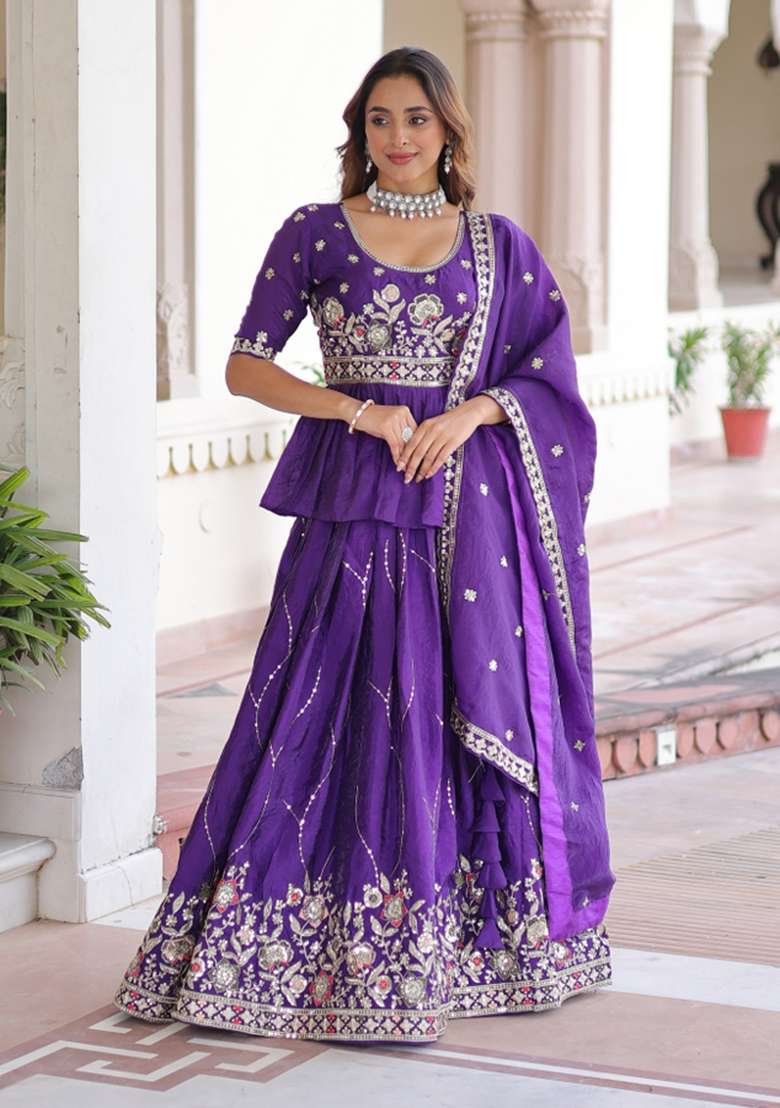 Purple Embroidered Gold Crush Lehenga Set for Diwali and Festive Wear - Indya
