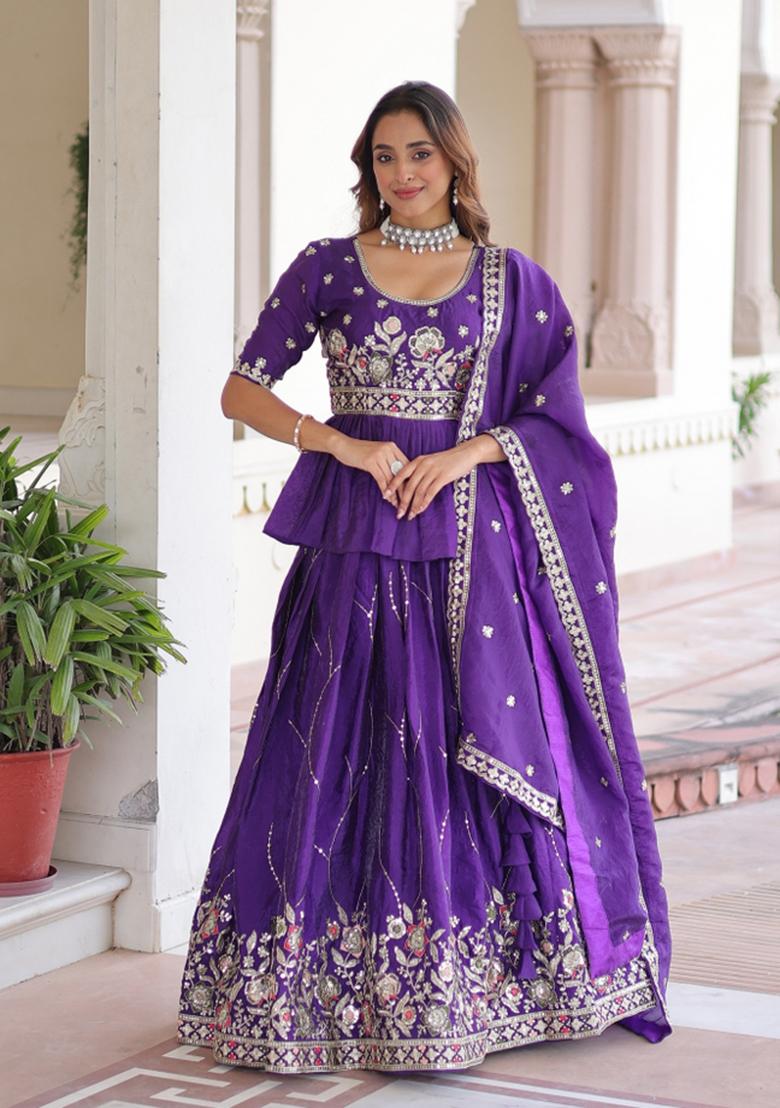 Purple Embroidered Gold Crush Lehenga Set - Indya
