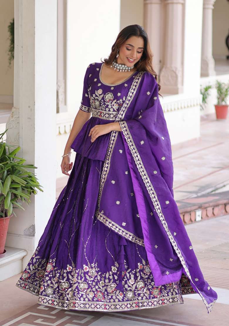 Purple Embroidered Gold Crush Lehenga Set for Diwali and Festive Wear - Indya