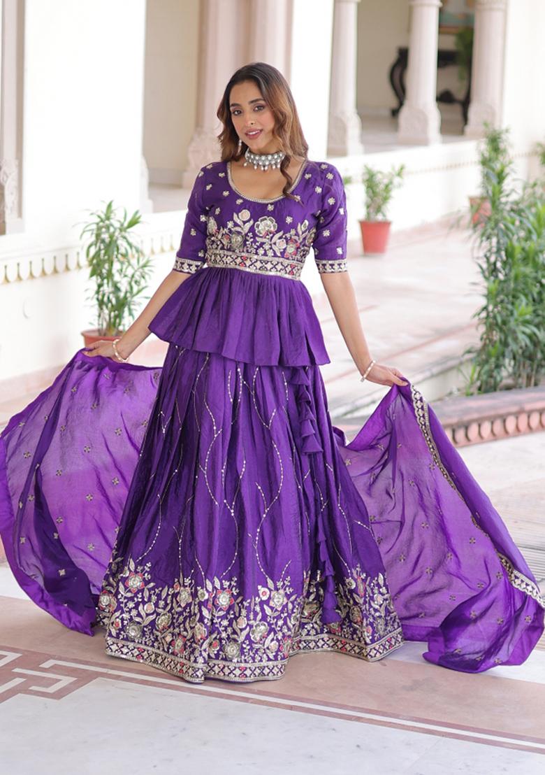 Purple Embroidered Gold Crush Lehenga Set - Indya