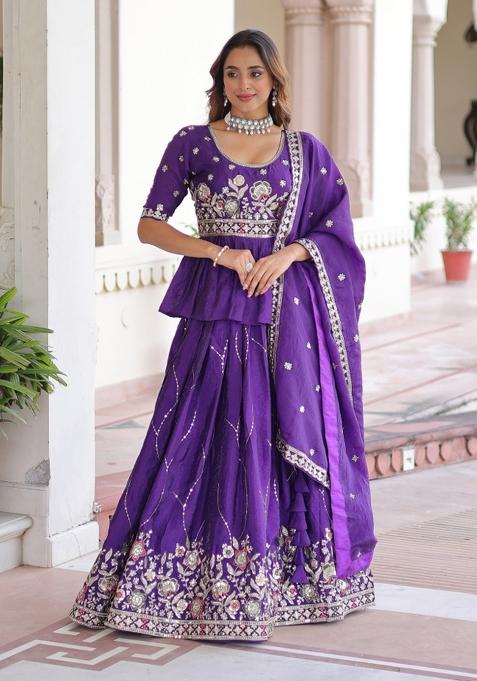 Purple Embroidered Gold Crush Lehenga Set