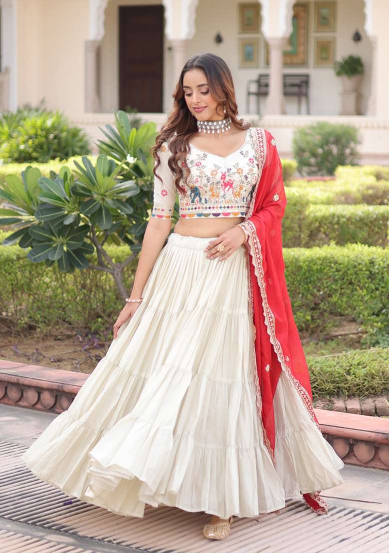 Natural Off White Embroidered Silk Lehenga Set for Diwali and Festive Wear - Indya