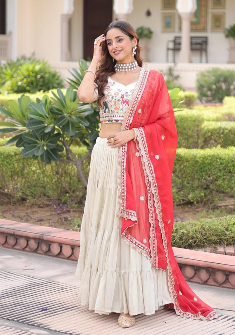 Natural Off White Embroidered Silk Lehenga Set - Indya