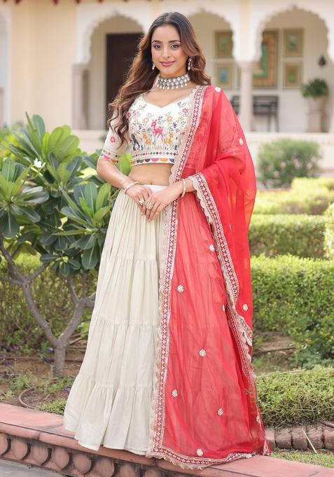 Natural Off White Embroidered Silk Lehenga Set