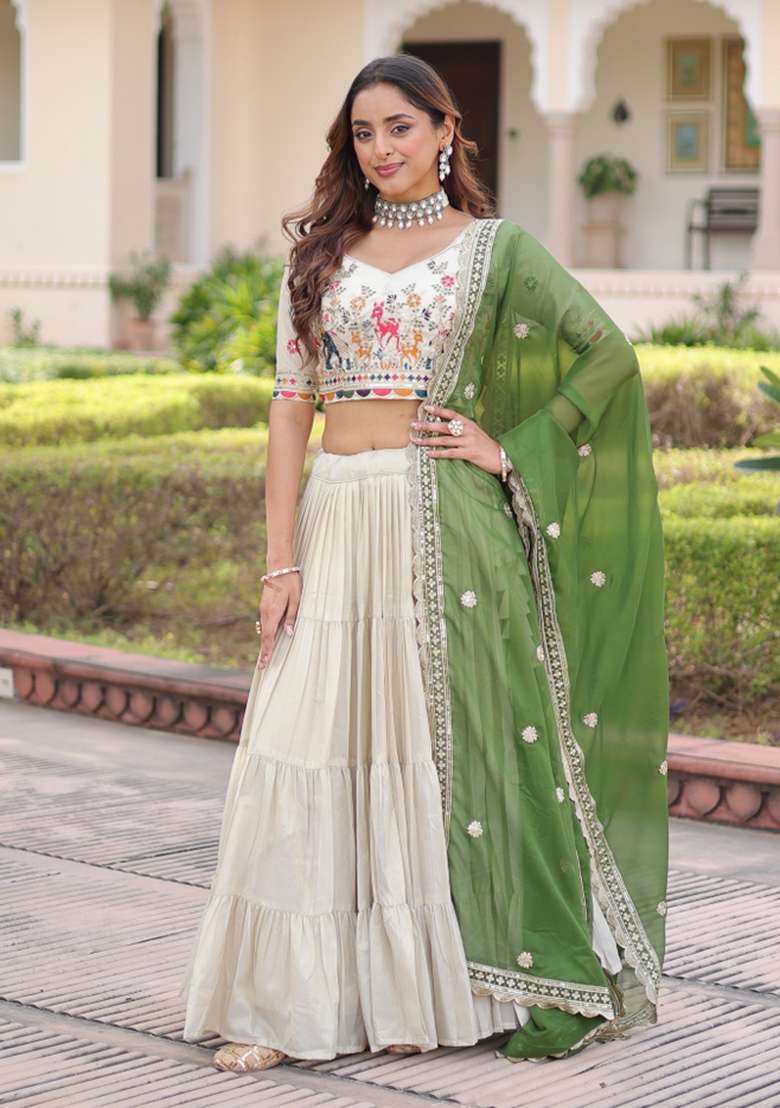 Natural Off White Embroidered Silk Lehenga Set for Diwali and Festive Wear - Indya