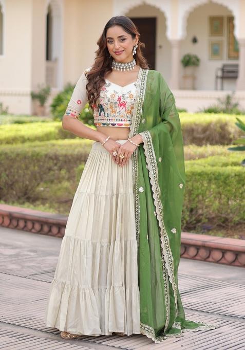 Natural Off White Embroidered Silk Lehenga Set