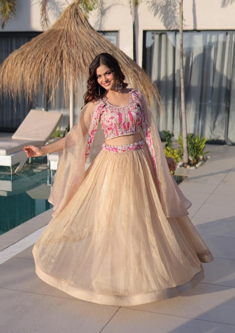 Dark Cream Embroidered Silk Lehenga Set - Indya