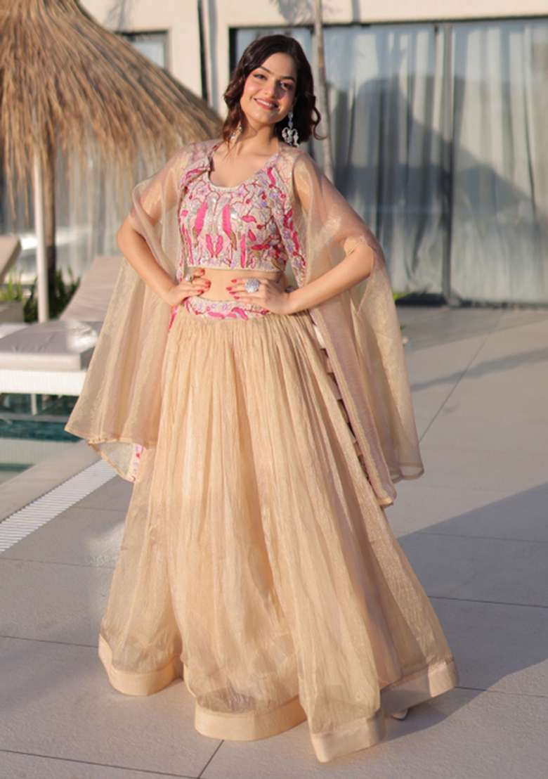 Dark Cream Silk Lehenga Set with Embroidered for Diwali | Wedding & Festive Wear - Indya
