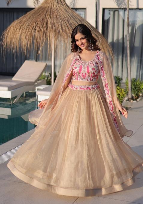 Dark Cream Embroidered Silk Lehenga Set