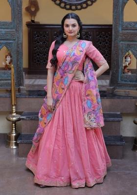 Peach Embroidered Silk Lehenga Set