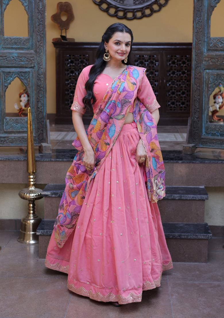 Peach Embroidered Silk Lehenga Set - Indya
