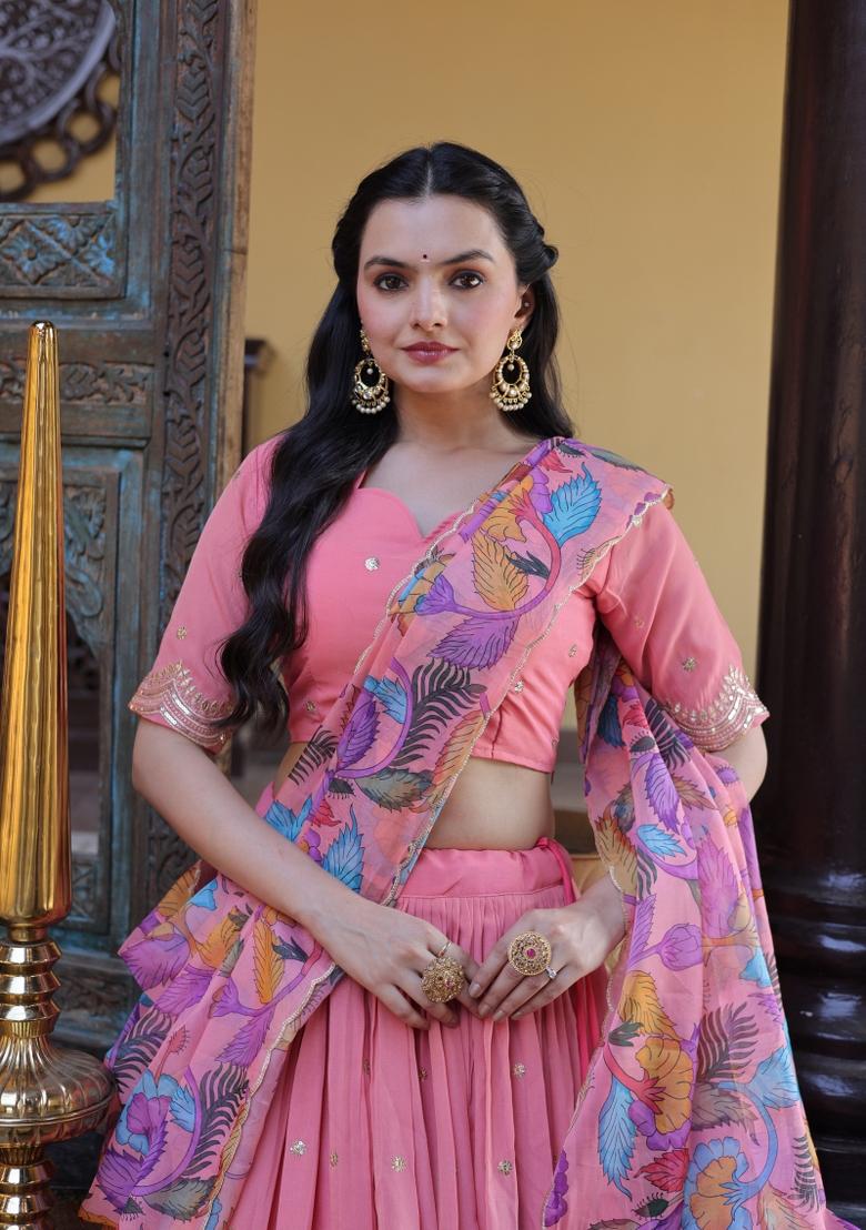 Peach Embroidered Silk Lehenga Set - Indya