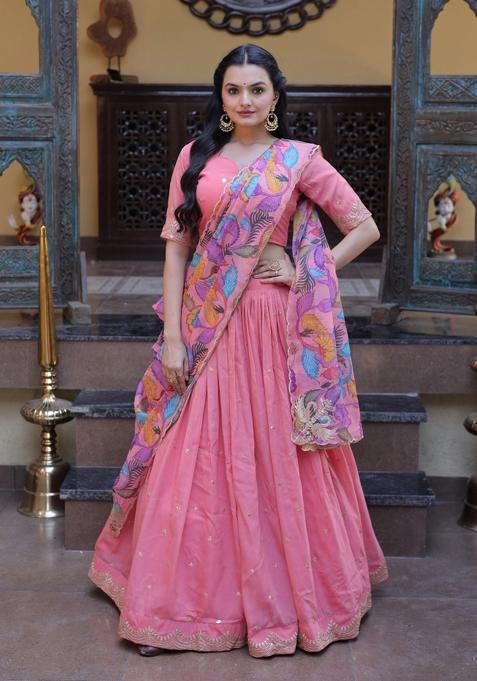 Peach Embroidered Silk Lehenga Set