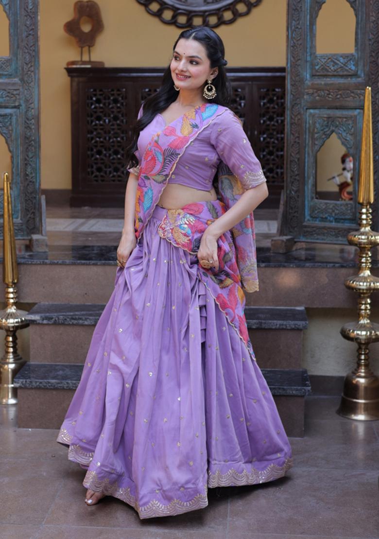 Purple Embroidered Silk Lehenga Set - Indya