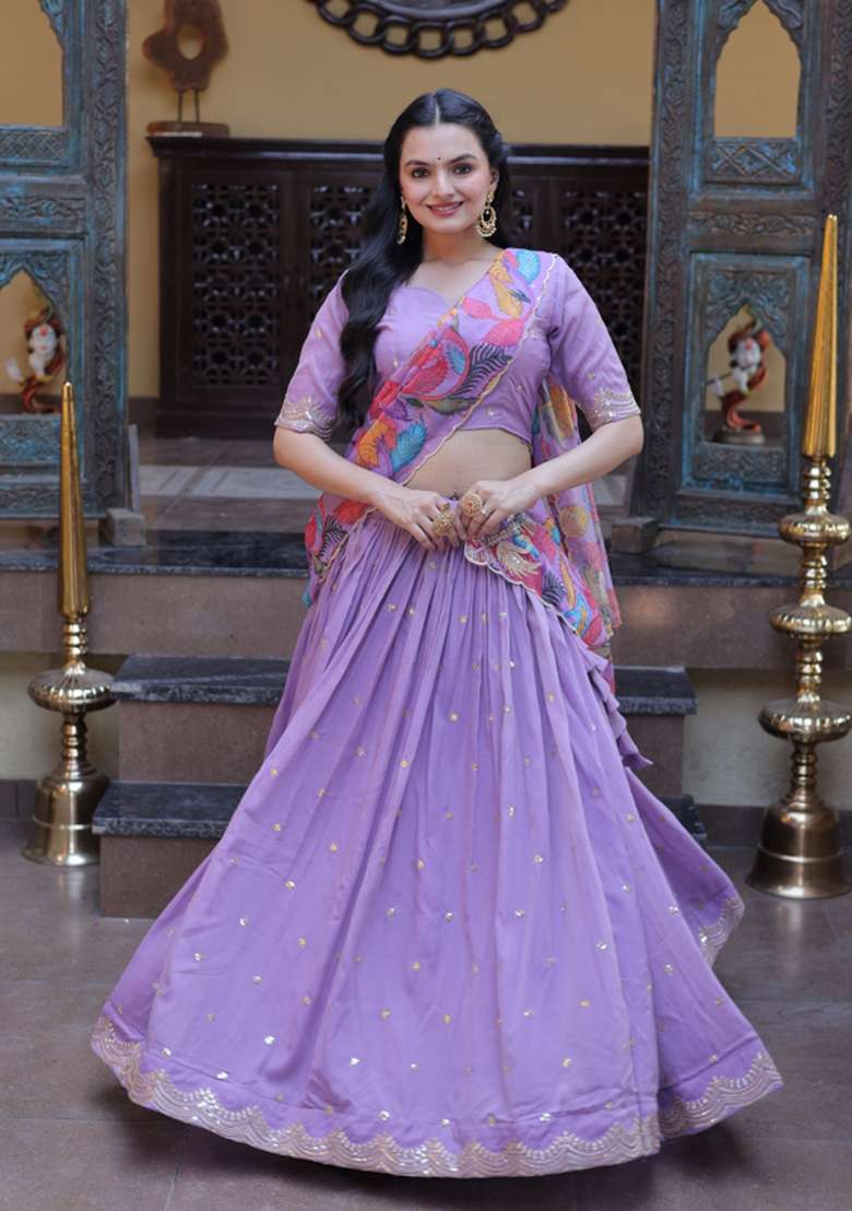 Purple Silk Lehenga Set with Embroidered for Diwali | Wedding & Festive Wear - Indya